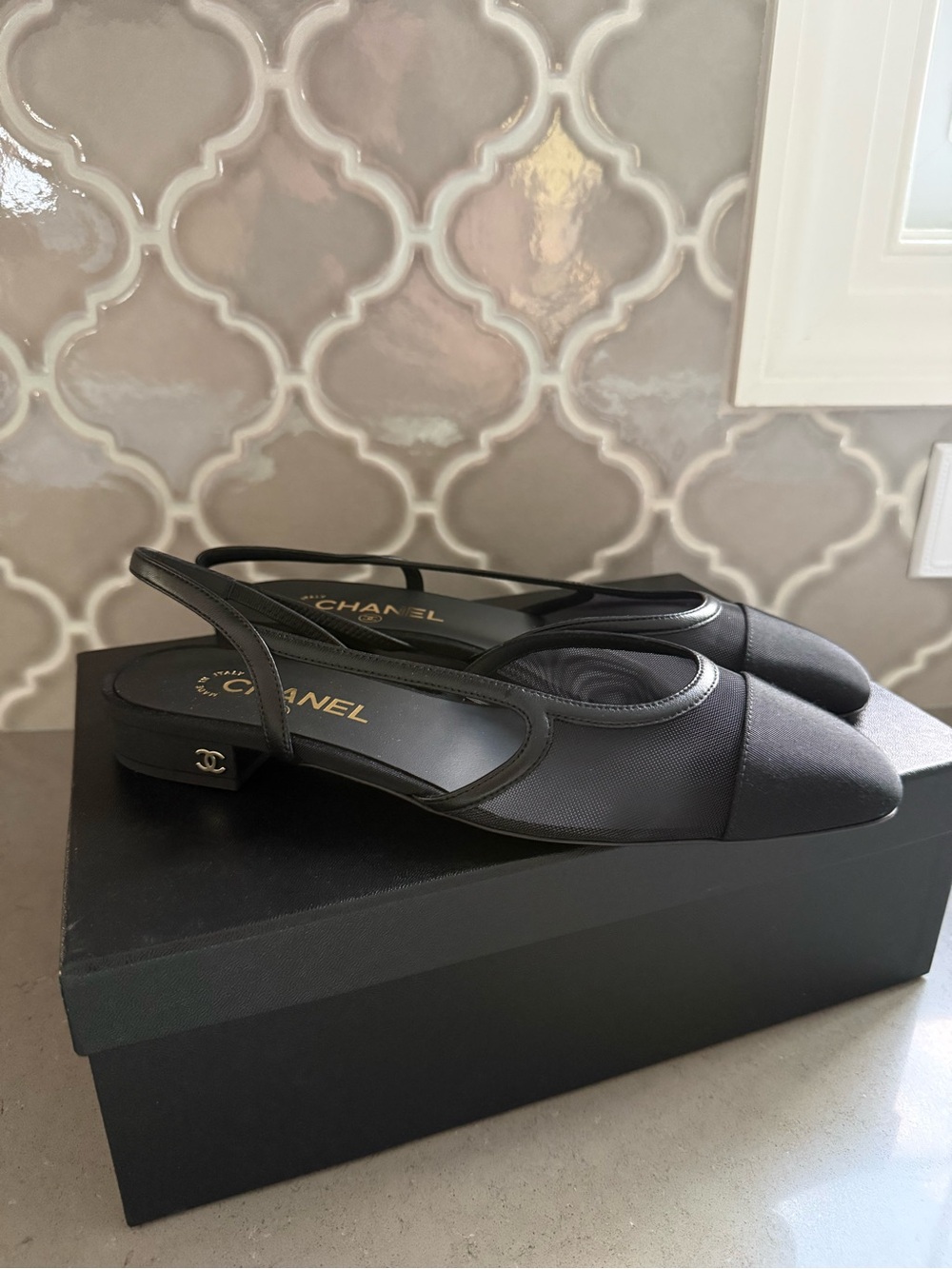 CHANEL Black Mesh & Leather Slingback Pointed Toe Flats